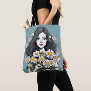 Pretty Lady With Daisy Bouquet Tote Bag