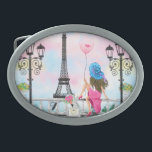 Pretty Lady with Pink Heart Balloon - I Love Paris Belt Buckle<br><div class="desc">Pretty Lady with Pink Heart Balloon - I Love Paris - Romantic Drawing - Choose / Add Your Unique Text / Font / Colour - Make Your Special Gift - Resize and move or remove and add elements - Image / text with customisation tool ! - Drawing and Design by...</div>