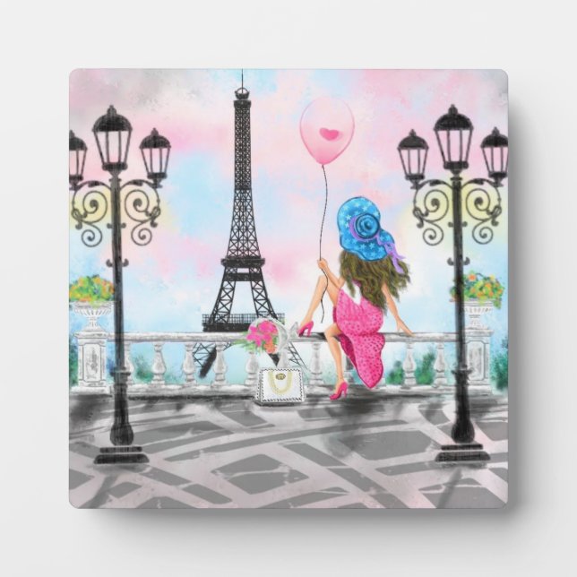 Pretty Lady with Pink Heart Balloon - I Love Paris Plaque (Front)