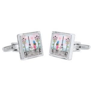 Pretty Lady with Pink Heart Balloon - I Love Paris Silver Finish Cufflinks