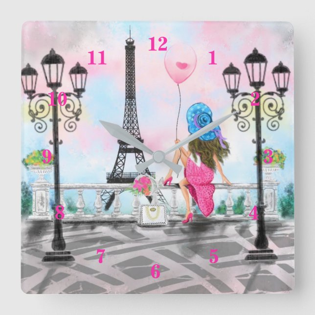 Pretty Lady with Pink Heart Balloon - I Love Paris Square Wall Clock (Front)