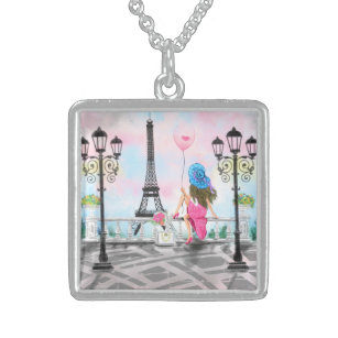 Pretty Lady with Pink Heart Balloon - I Love Paris Sterling Silver Necklace