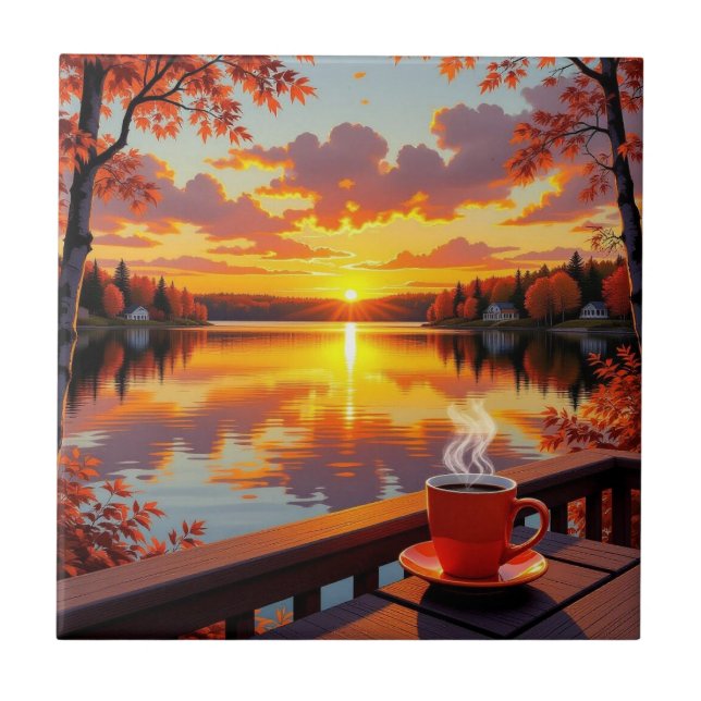 Pretty Lake Side View of a Sunrise and Warm Coffee Tile (Front)