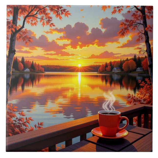 Pretty Lake Side View of a Sunrise and Warm Coffee Tile (Front)