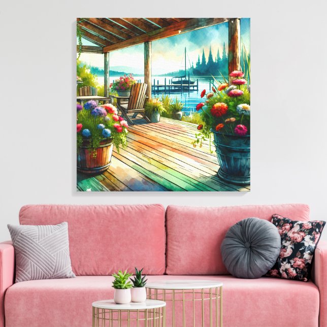 Pretty Lakehouse View Deck and Flowers Canvas Print (Insitu(LivingRoom))