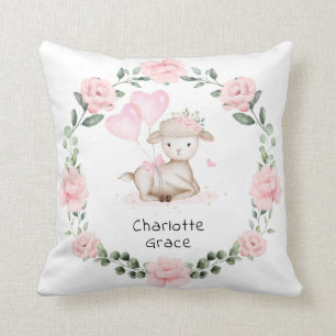 Pretty Lamb Pink Floral Wreath Baby Girl Nursery Cushion