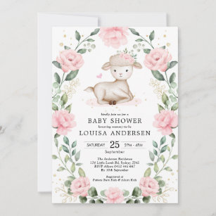 Pretty Lamb Pink Floral Wreath Girl Baby Shower Invitation