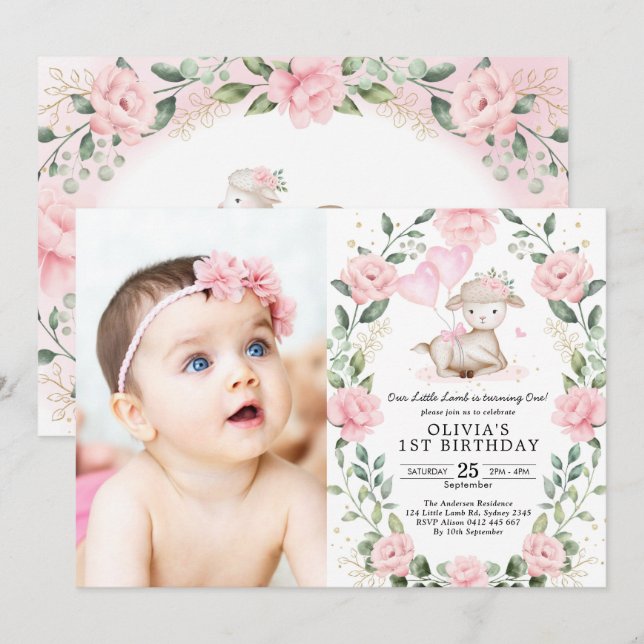 Pretty Lamb Pink Floral Wreath Girl Birthday Party Invitation (Front/Back)