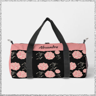 Pretty Large Pink Roses with Foliage on Black Duffle Bag