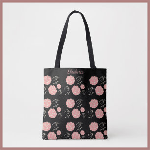 Pretty Large Pink Roses with Foliage on Black Tote Bag