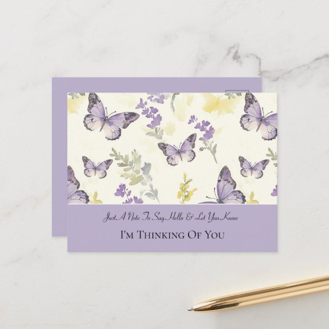 Pretty Lavender Butterflies Thinking of You Postcard (Front/Back In Situ)