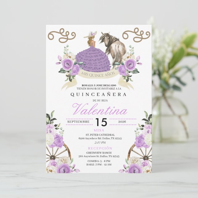 Pretty Lavender Cowgirl Western Quinceañera Invitation (Standing Front)