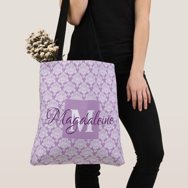 Pretty Lavender Damask Feminine Monogram & Name Tote Bag (Close Up)