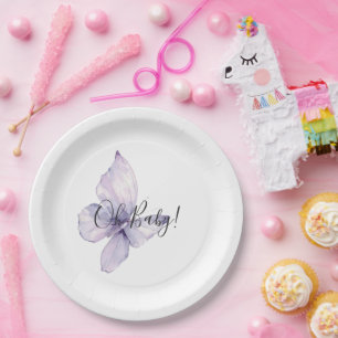 Pretty Lavender Flowers Butterfly Baby Shower Paper Plate