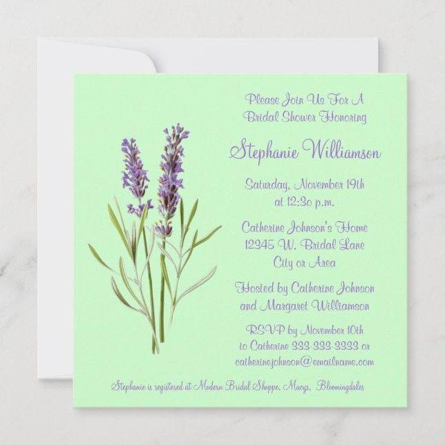 Pretty Lavender Herb Sprig on Green Bridal Shower Invitation (Front)