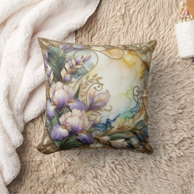 Pretty Lavender Iris Flowers with Gold Scrolling Cushion (Blanket)