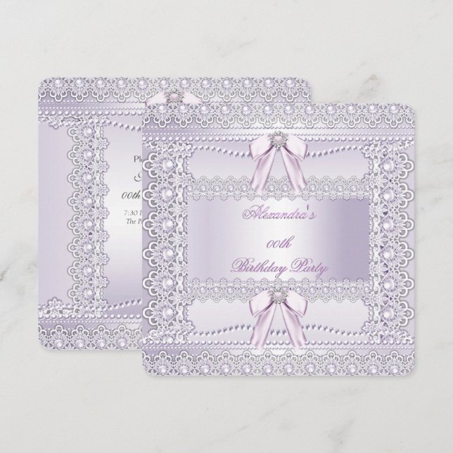 Pretty Lavender Pearls Lace Bow Birthday Party Invitation (Front/Back)