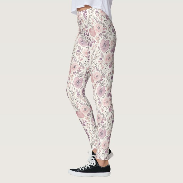 Pretty Lavender Purple Blush Pink Flowers Leggings (Left)