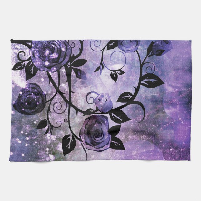 Pretty Lavender Purple Fantasy Rose Vine Floral Tea Towel (Horizontal)