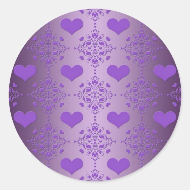 Pretty Lavender Purple Hearts Damask Classic Round Sticker (Front)