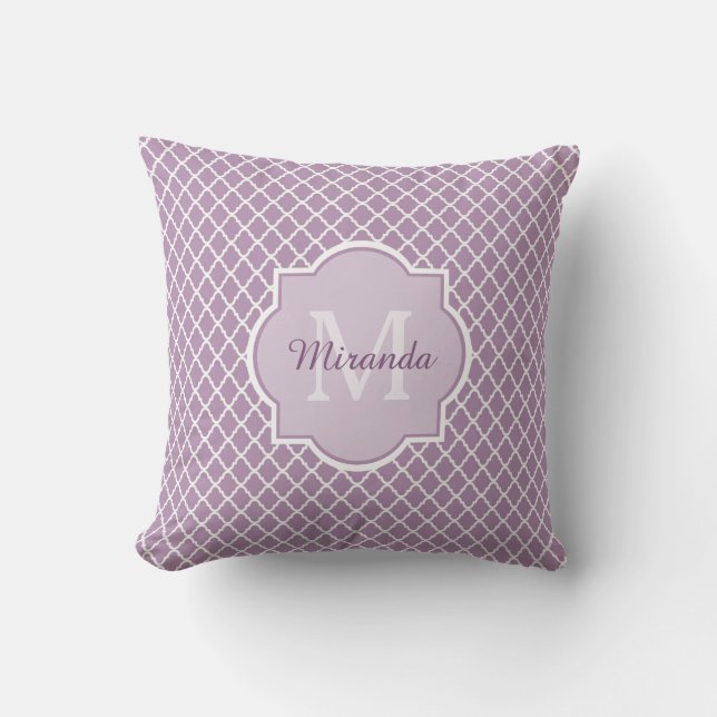 Pretty Lavender Purple Quatrefoil Monogrammed Name Cushion (Front)