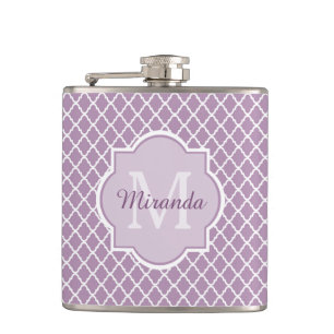 Pretty Lavender Purple Quatrefoil Monogrammed Name Hip Flask