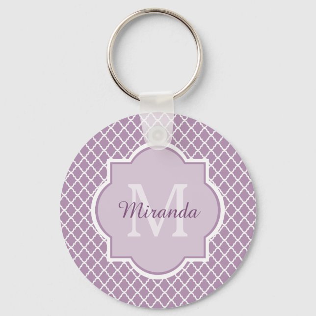 Pretty Lavender Purple Quatrefoil Monogrammed Name Key Ring (Front)