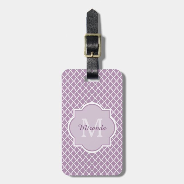 Pretty Lavender Purple Quatrefoil Monogrammed Name Luggage Tag (Front Vertical)