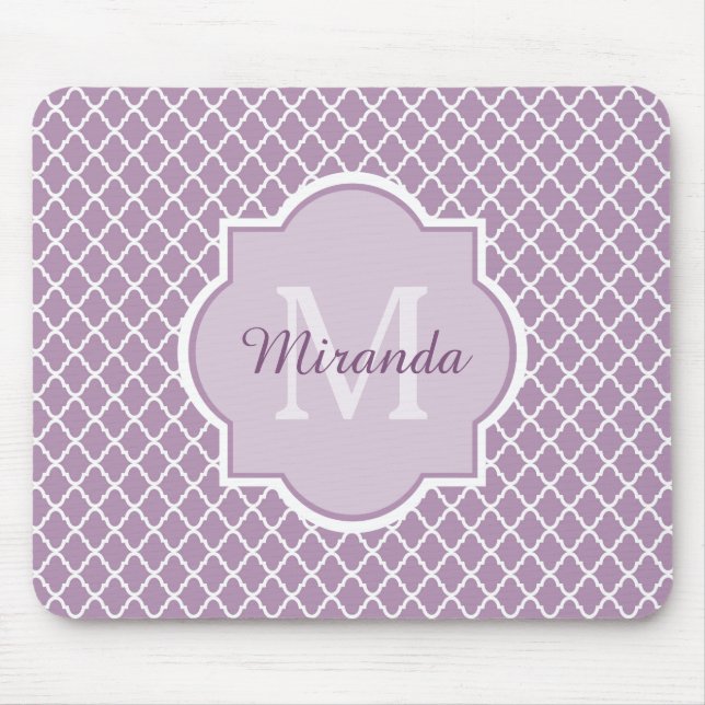 Pretty Lavender Purple Quatrefoil Monogrammed Name Mouse Mat (Front)