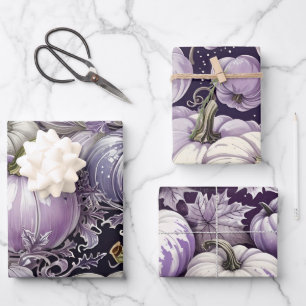 PRETTY LAVENDER PURPLE & WHITE FALL PUMPKINS WRAPPING PAPER SHEET