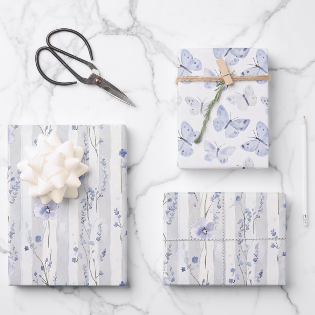 Pretty Lavender White Floral Stripes Birthday Wrapping Paper Sheet (Front)