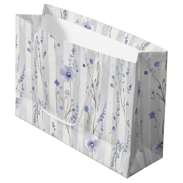Pretty Lavender White Floral Stripes Bridal Shower Large Gift Bag (Front Angled)