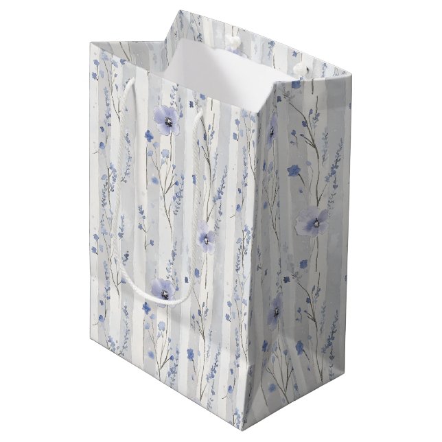 Pretty Lavender White Floral Stripes Bridal Shower Medium Gift Bag (Front Angled)