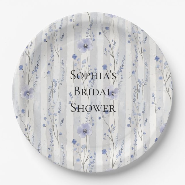 Pretty Lavender White Floral Stripes Bridal Shower Paper Plate (Front)