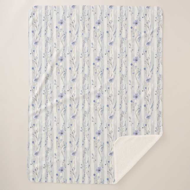 Pretty Lavender White Floral Stripes Bridal Shower Sherpa Blanket (Front)