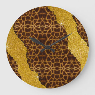 Pretty Leather Giraffe Animal Print With Glitter Large Clock