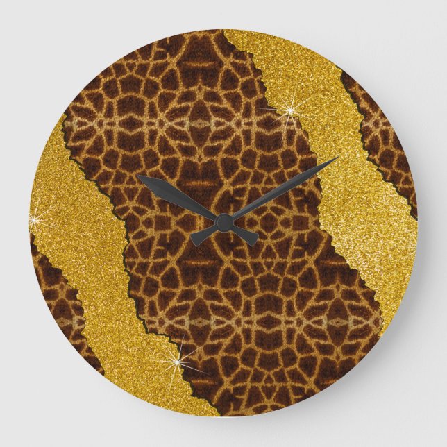 Pretty Leather Giraffe Animal Print With Glitter Large Clock (Front)