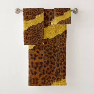 Pretty Leather Jaguar Animal Print With Glitter Bath Towel Set