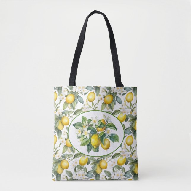 Pretty Lemon Tree Watercolor Art Tote Bag (Front)