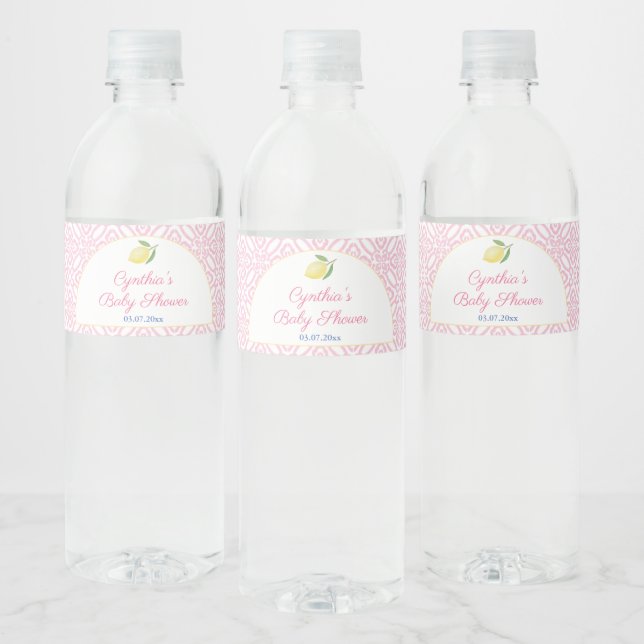 Pretty Lemons Arch Pink White Baby Shower Party Water Bottle Label (Bottles)