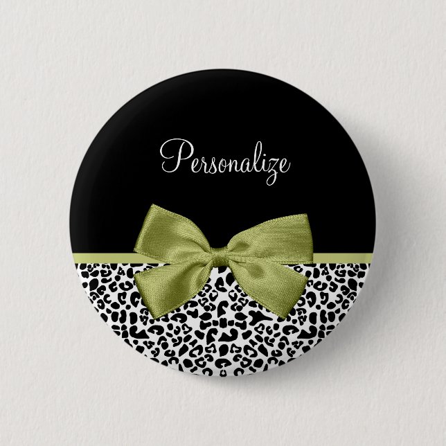 Pretty Leopard Print Spring Green Bow With Name 6 Cm Round Badge (Front)
