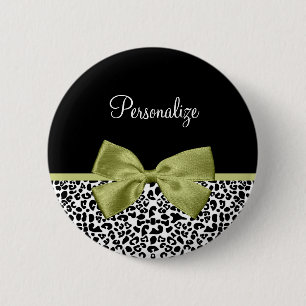 Pretty Leopard Print Spring Green Bow With Name 6 Cm Round Badge