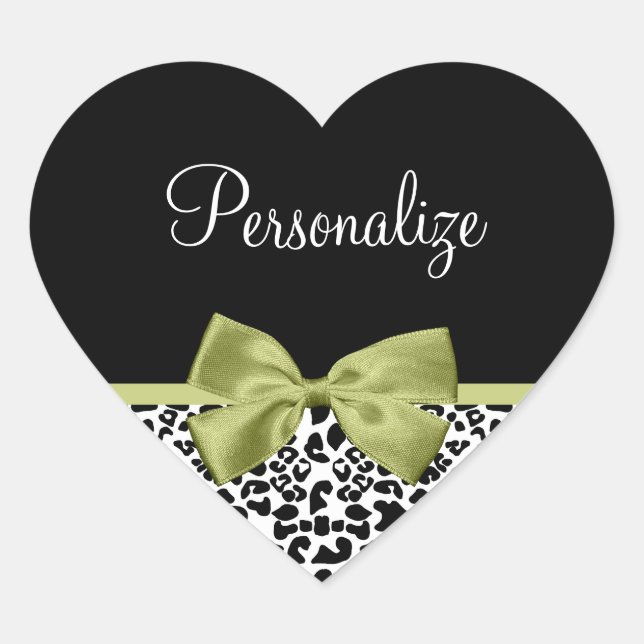 Pretty Leopard Print Spring Green Bow With Name Heart Sticker (Front)