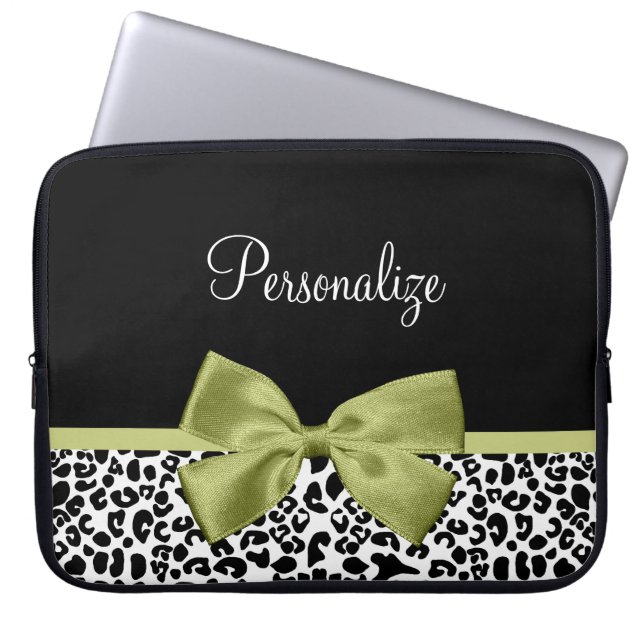 Pretty Leopard Print Spring Green Bow With Name Laptop Sleeve (Front)