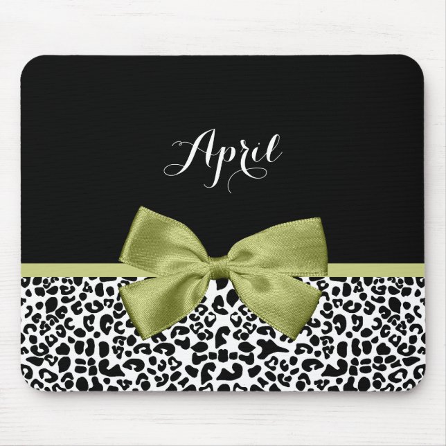 Pretty Leopard Print Spring Green Bow With Name Mouse Mat (Front)