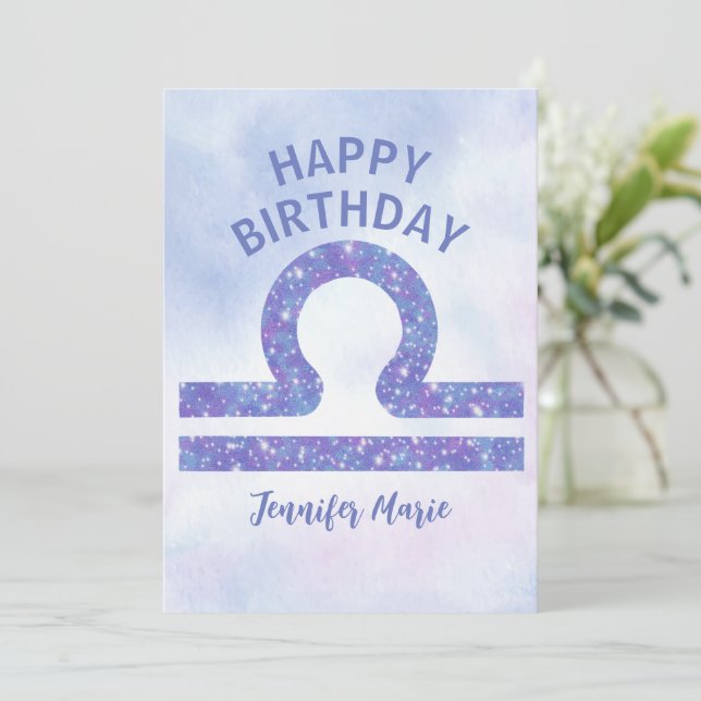 Pretty Libra Sign Custom Purple Happy Birthday Card (Standing Front)