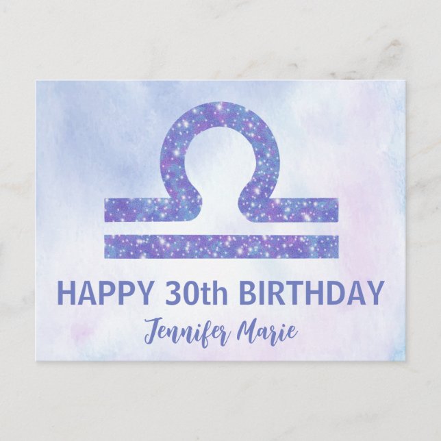 Pretty Libra Sign Custom Purple Happy Birthday Postcard (Front)
