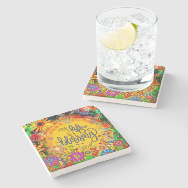 Pretty Life is a Blessing Floral Whimsical Stone Coaster (Side)