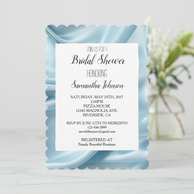 Pretty Light Blue Faux Satin Bridal Shower Invitation (Standing Front)