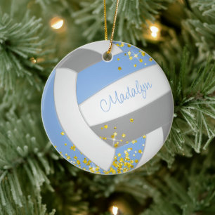 pretty light blue grey volleyball w gold stars ceramic tree decoration